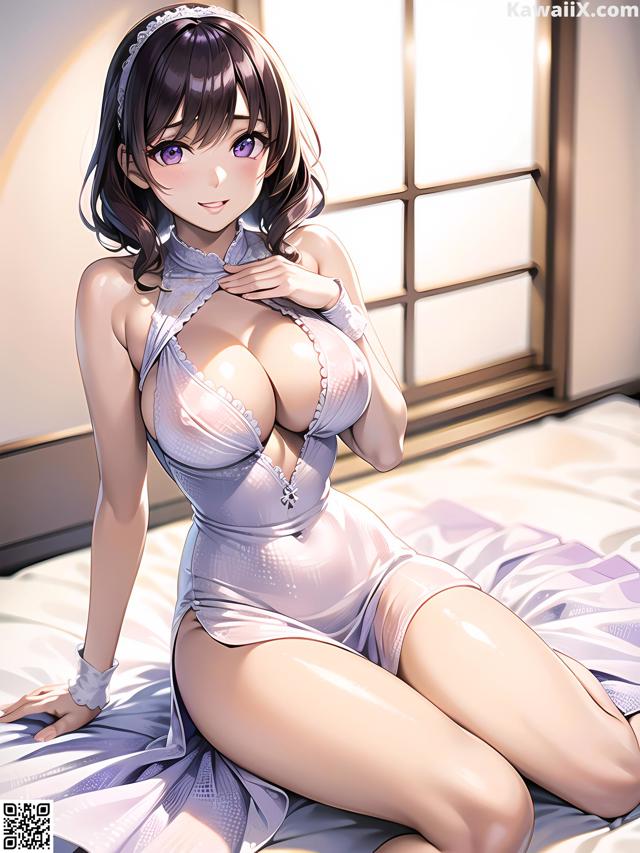 A woman in a white lingerie sitting on a bed.