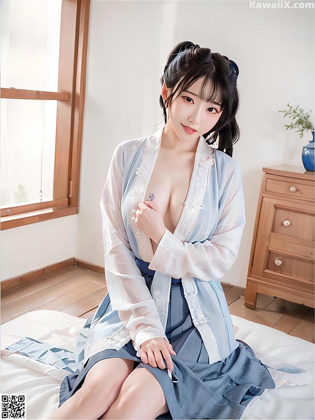 A woman in a blue and white kimono sitting on a bed.