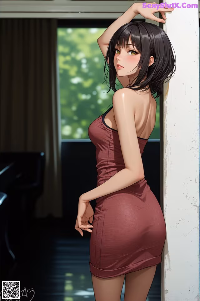 A woman in a red dress leaning against a wall.