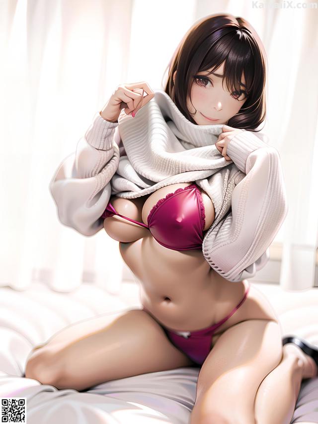 A woman in a pink bikini sitting on a bed.